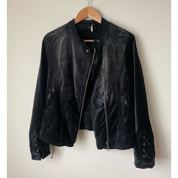 Free People Jacket Size Medium Lace-Up Sleeves Velvet Moto Jacket Romantic - Picture 2 of 16